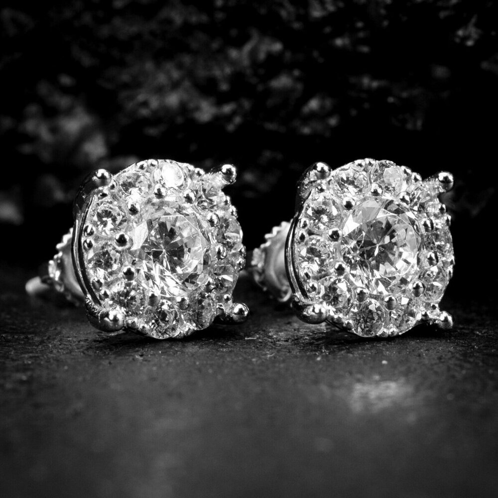 Mens Round Cut Honey Comb Cluster White Gold Plated Iced Cz Stud Earrings